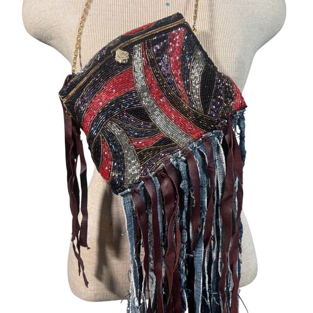 MAME Bespoke Boho Beaded Fringe Bag Reclaimed Denim Art wear firm